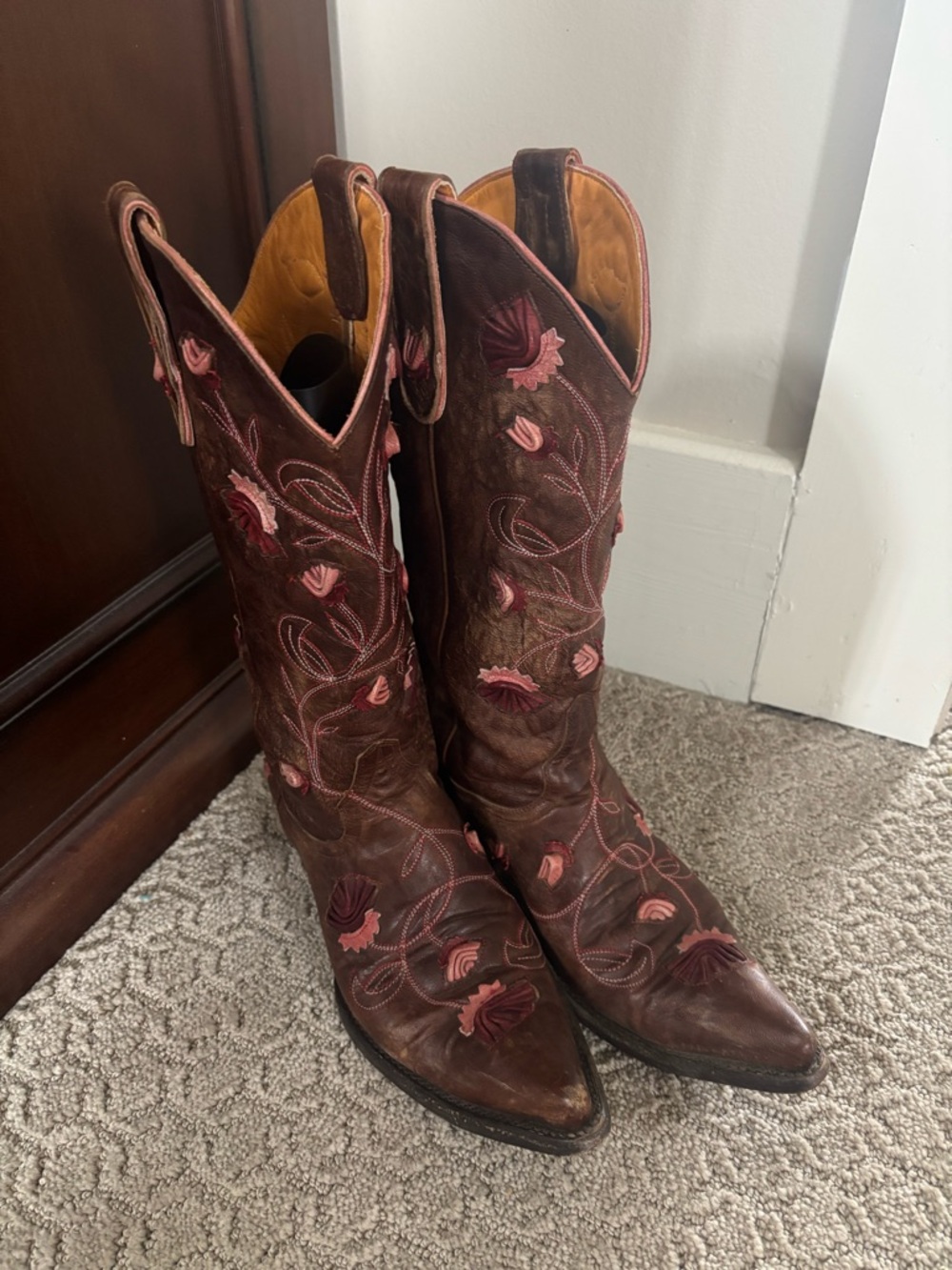 Old Gringo Abby Rose Brown Pink Floral Embroidered Leather Cowboy Boots 7